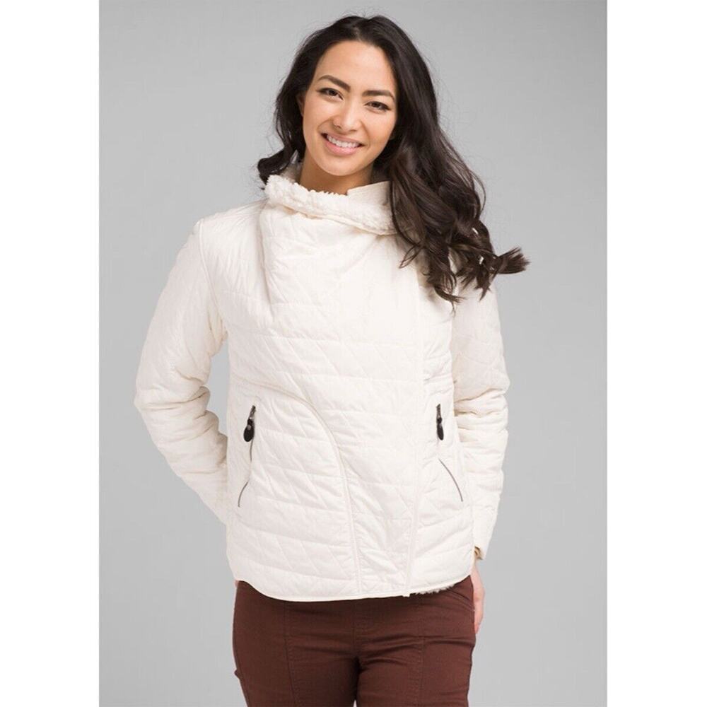 PRANA Womens Sherpa Fleece Lined Diva Puffer Jacket Asymmetric Zip Ivory LARGE